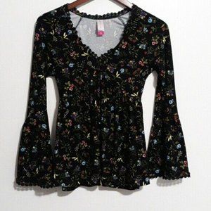 Women’s Poet Blouse M Floral Lace Black Bell Sleeves